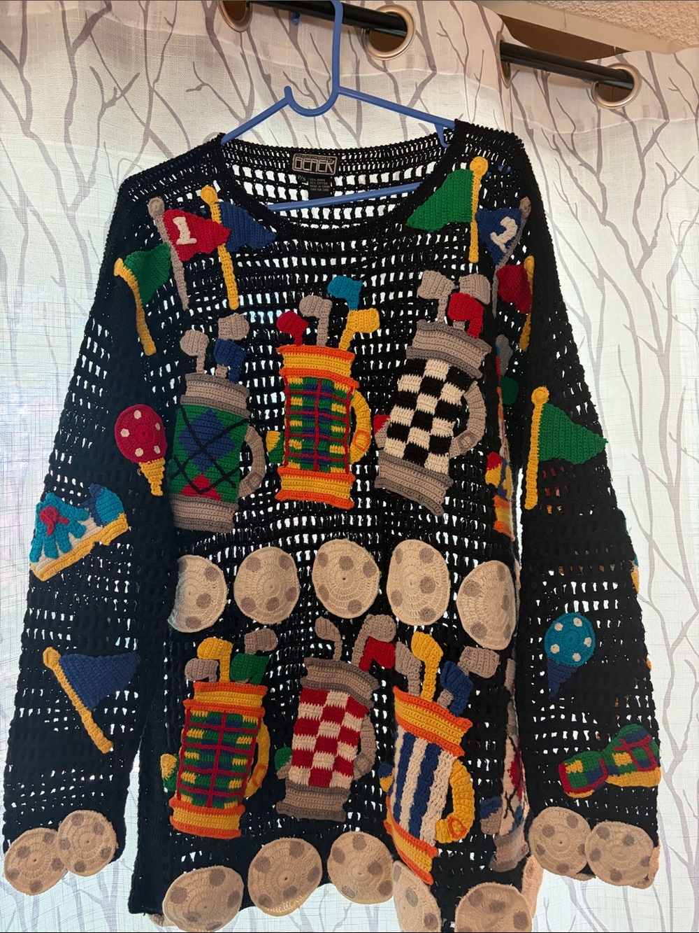 Berek Black Crochet Sweater with Multicolor Golf Motif